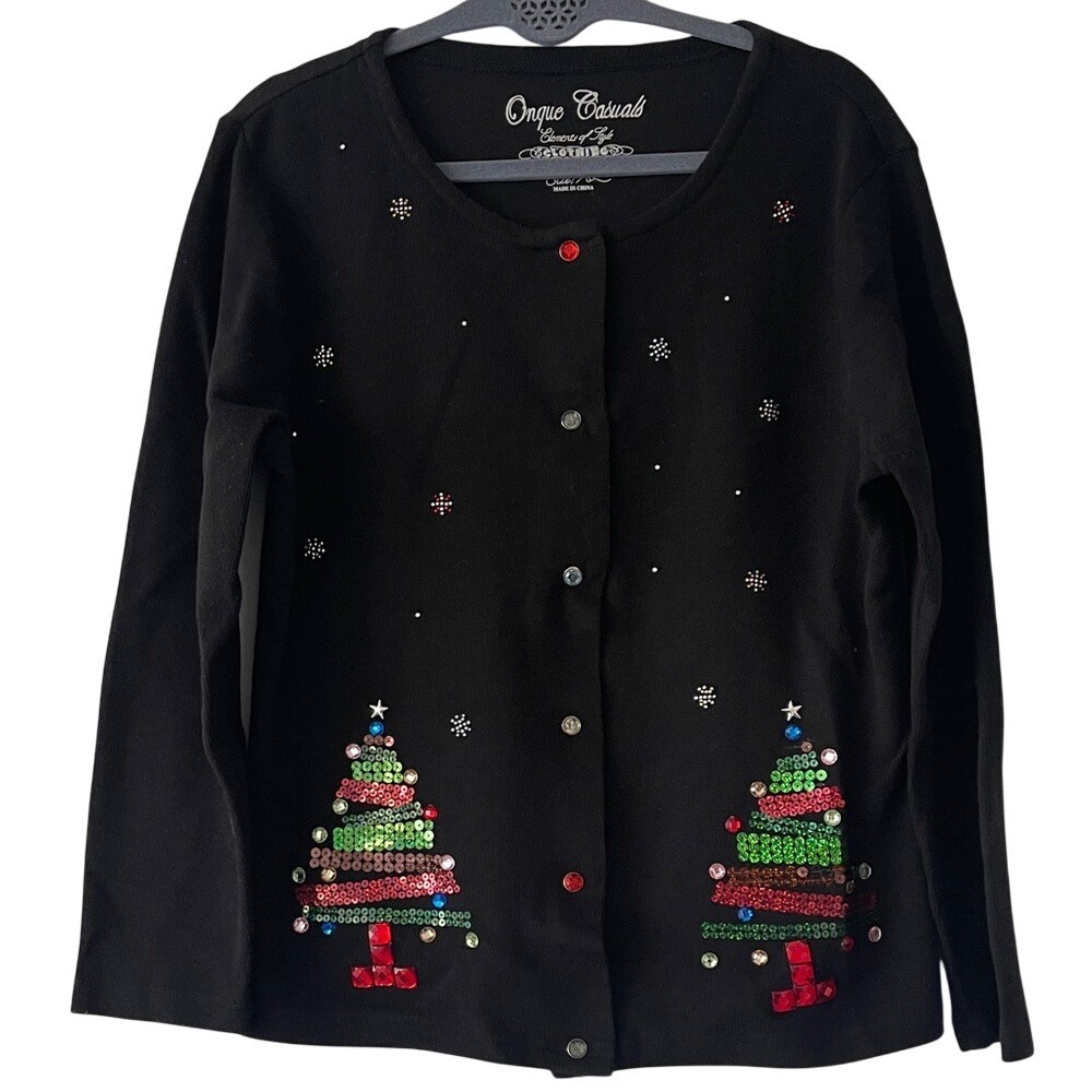 Onque Casuals Black Cardigan‎ with Sequin Christmas Trees XL